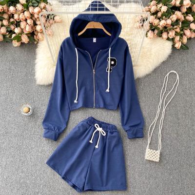 China Retro Waterproof Feminine Chic Crop Hoodie Zipper Sweater Tracksuit Women Wide Leg Shorts 2 Piece Set for sale