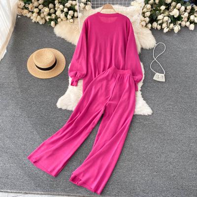 China Women Waterproof Clothing Set Casual Loose Lazy Knitted Irregular Blouse Leg Wide Leg Pant Suits for sale