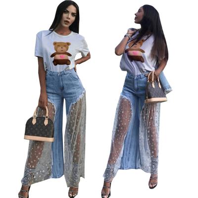 China 2021 Summer New Fashion Breathable Mesh Jeans Flared Wide Leg Denim Pants Women for sale