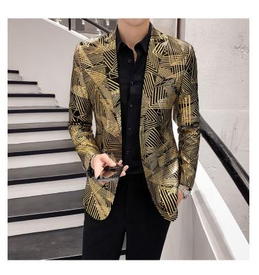 China Fashion Designer Korean Stylish Clothing Gold Print QUICK DRY Men Long Sleeve Tuxedo Blazer for sale