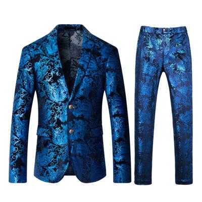 China Wholesale QUICK DRY Floral Classic Pattern Royal Blue Mens Dress Single Breasted Set Slim Fit Two Piece Plus Size Velvet Blazer Pant Suits for sale