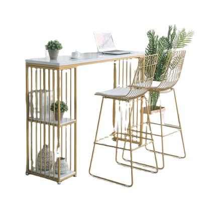 China Environment Friendly Gold Metal Wire Base Marble Long Narrow High Bar Top Simple Modern Table Set With Shlfe for sale