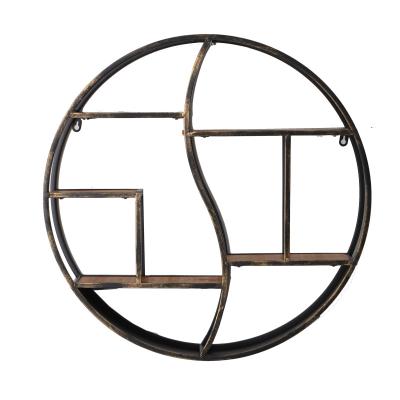 China Minimalist Round Wall Shelf Mounted Iron Storage Hanging Floating Shelves Show Rack Industrial Style Wood Iron Craft Shelf for sale