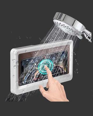 China Anti Fog Shower Bathroom ABS Wall Mount Storage Box Waterproof Sticky Bath Phone Holder Case Waterproof White Blue Shelf for sale