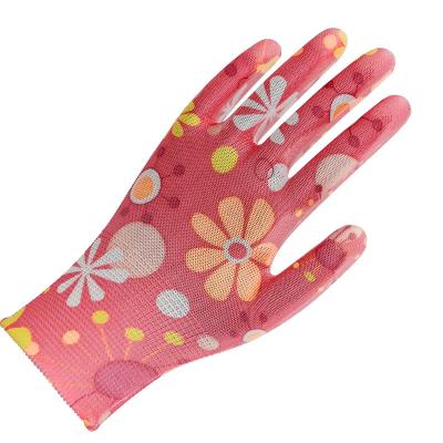 China Hot Selling Flexible Breathable Soft Elastic Anti Static Printed Coated Women Antistatic Coated Garden Gloves PU Working Gloves for sale