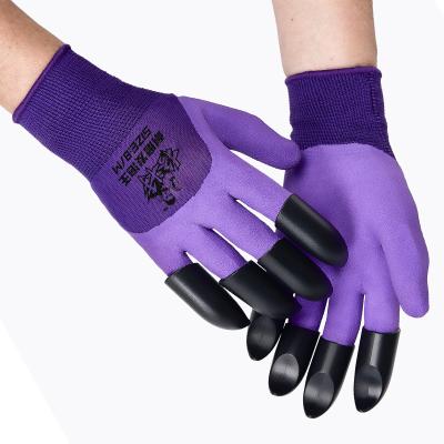 China 2022 High Elasticity/Breathable/Comfortable/Flexible Purple Latex Coated Work Garden Digging Gloves China Manufacturer With Fingertips Claws for sale