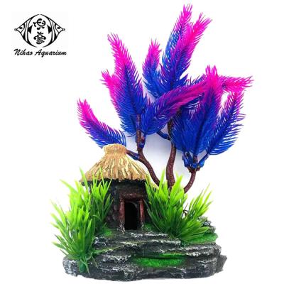 China Mini Sustainable Desktop Fake Plants Aquarium Plastic Trees Decoration Artificial Plastic Trees With Resin Small House for sale