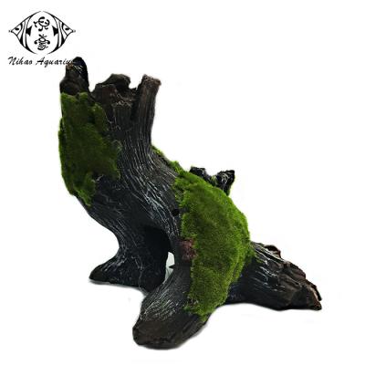 China Artificial Aquarium Decoration Viable Tree Stumps Resin Driftwood Root With Moss For Aquarium Decor for sale