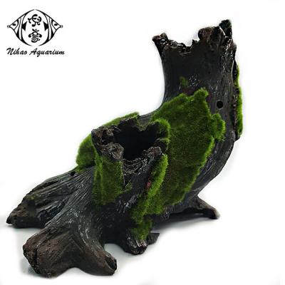 China Viable Aquarium Ornaments Tree Root Resin Model Decorative Tree Stump With Green Moss for sale