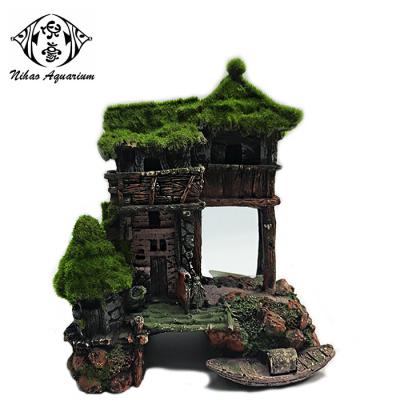 China China Aquarium Equipment Supplier Sustainable Resin Building Model Moss Covered House For Aquarium Decor for sale