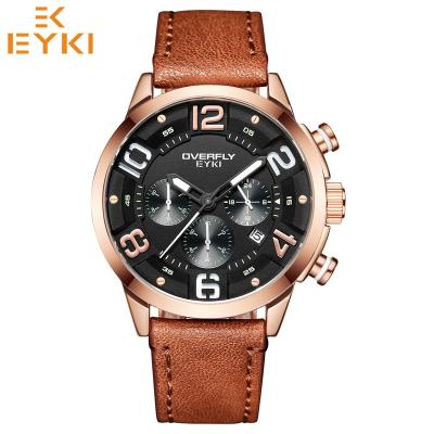 China Full Calendar OEM ODM Mens Sports Watch Brown Leather Strap Genuine Quartz Watch Men's Wrist Watch Rose Gold Watch For Men for sale