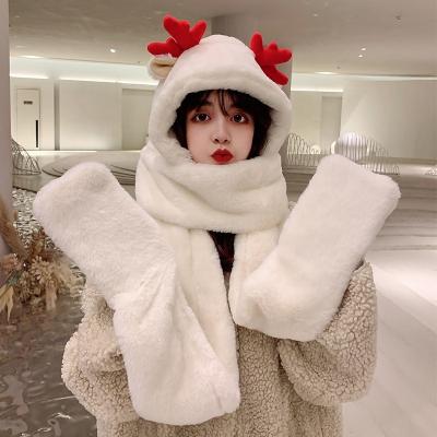 China New Fashion Winter Female Outdoor Adult Plush Warmth Thick Hat Scarf Three-Piece Set for sale