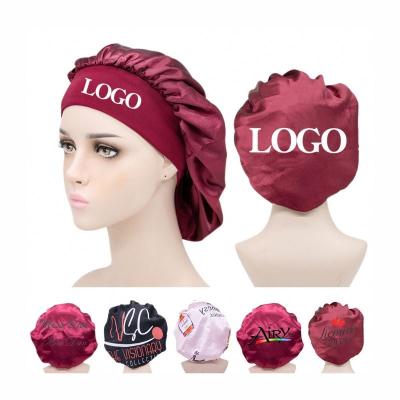 China Women Wide Solid Satin Hat Sleep Night Wrap Head Image Elastic Band Silky Hood Custom Logo for sale