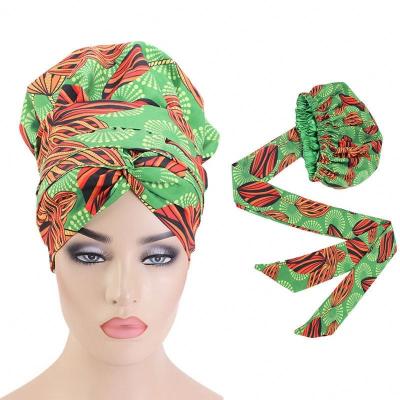 China TB-86A Double Layers Women Dread Locks Turban Hair Wrap Straps Hoods Ankara Silky Double Layer African Satin Striped Hood With Tie Band for sale