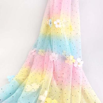 China 2020 Breathable Running Rainbow Color Digital Printed Tulle Pearl Bead Fabric On Sale for sale