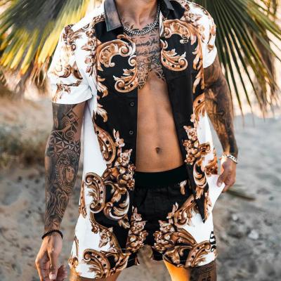 China Polyester Mens Summer Hawaiian 2pcs Beachwear Set US Size Urban Tuxedo Printed Floral Stylish Shirt And Shorts for sale