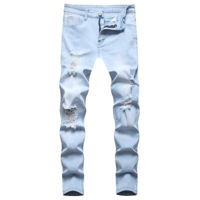 China Light Blue Small Slim Fit Polyester/Cotton Mens Foot Scratch Jeans Youth Hole Fashionable Micro Elastic Jeans Light Blue Casual Skinny Jeans for sale