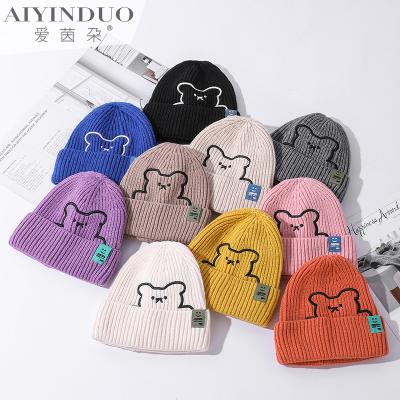 China Wholesale Casual Winter Fashion Thick Soft Warm Multi Color Embroidered Bear Knitted Beanie Hat for sale