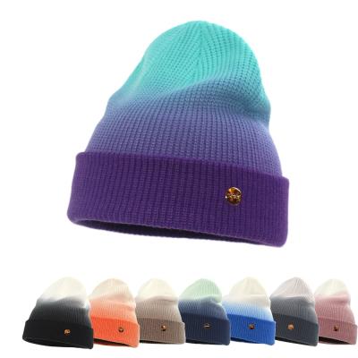 China COMMON women knit stylish hat tie dye gradient color winter hats with pom pom for adult beanie hats for sale