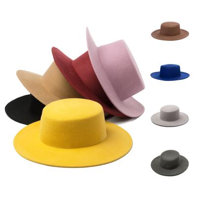 China Hot Selling Women's Casual Flat Top Wool Hat Woman Ladies Felt Hat Wide Brim Women's Wool Felt Hat Wholesale Formal for sale