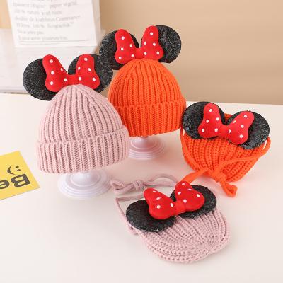 China Autumn Winter Hat Bag Cute Cartoon Hat Children's Warm Knitted Set Baby Kids Casual Bow Wool Sequin Girls Hat Knitted Set for sale