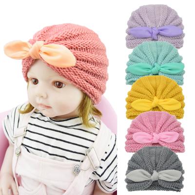 China Wholesale Casual Newborn Winter Beanie Cotton Turban Baby Kids Toddler Soft Warm Soft Hats With Velvet Bow for sale