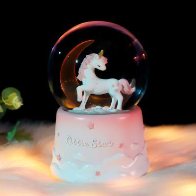 China New Dream Girl Heart Unicorn Crystal Ball Lantern Music Box Ornament National Factory Office Wholesale Decoration Gift Snow for sale