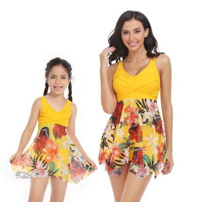 China New Design QUICK DRY Family Swimsuit Leaf Matching Set Two Piece Mother And Daughter Swimwear Flower Print Kids Girl And Women Tulle Skirt for sale