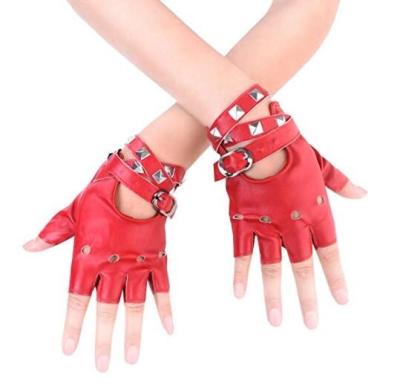 China Factory direct sale womens wholesale Halloween party red half finger PU leather punk gloves for sale