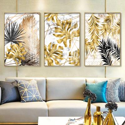 China Nordic Marble Wall Painting Art Pictures of Plants Creative Gold Black Canvas Foil Posters and Prints for Living Room Modern Home Decor for sale