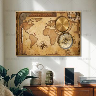 China CREATIVE World Map With Compass Vintage Print Poster Canvas Wall Art Scandinavian Decor Wall Painting For Home Decor Living Room Cuadros for sale