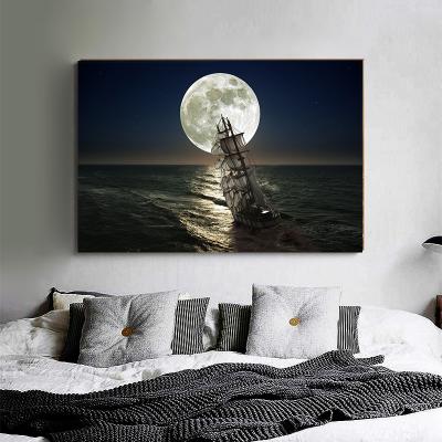 China CREATIVE Nordic style natural landscape sailing boat under the moonlight canvas painting wall pictures for interior wall home decoration for sale