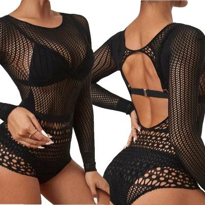 China Ins Sexy Lingerie Netting Sheer Mesh Sheath Long Transparent Jacquard Backless Netting Sexy Jumpsuit for sale