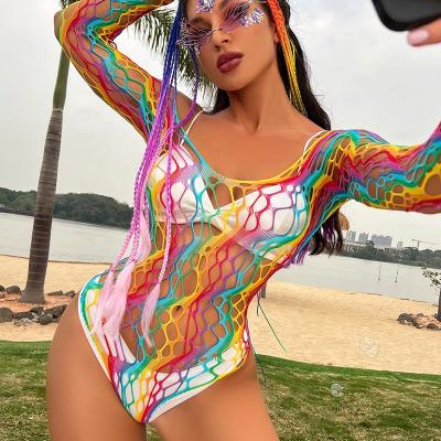 China Amazon Breathable Sexy Rainbow Bodycon Long Sleeves Iridescence Dress Bodystocking Nylon Net Lingerie for sale