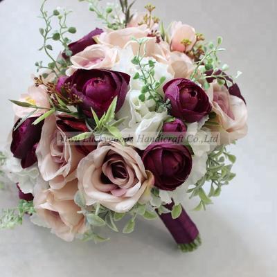 China Luxury Red-Pink Artificial Silk Bridal Holding Eco-friendly Rose Flower Bouquet Bouquet For Wedding Decoration for sale