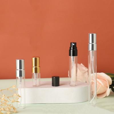 China 2ml 3ml 5ml 10ml Mini Gold Perfume Sprayer Empty Silver Clear Cosmetic Spray Mist Glass Bottles With Box For Car for sale