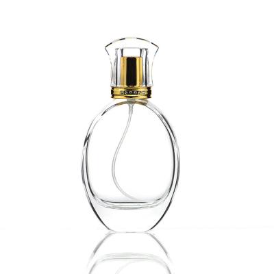 China Factory Sale Cosmetic 50ml Portable Refillable Slanted Shoulder Flat Round Empty Glass Perfume Bottle With 50ml Spray for sale