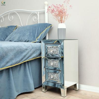 China Modern Storage 3 Drawer Crush Diamond Mirrored Bed Side Lamp Table For Bed Rooms for sale