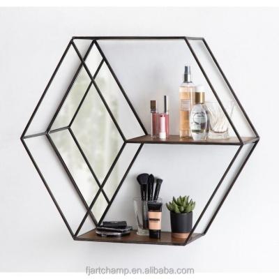 China Storage Hexagon Metal Frame Home Decor Wall Mounted Floating Mirror Shelf For Living Room Storage for sale