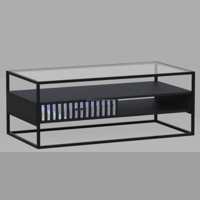 China Full Compiled Industrial Metal Black Mirrored Coffee Table With Glass Shelf for sale