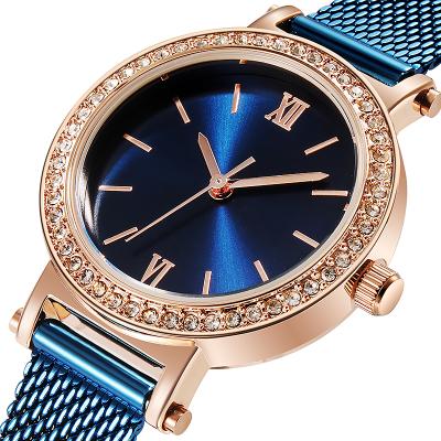 China Luxury Water Resistant Sunburst Women Watches Rose Gold Mesh Bracelet IP Blue for sale