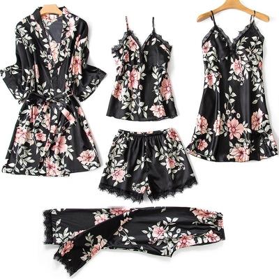 China 5Pcs QUICK DRY Set Floral Printed Sexy Nightgowns Robe Nightgown Pijama Wear Satin Sleepwear Women's Pajamas Silk Home Lace V-Neckline for sale