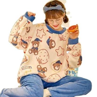 China Winter Flannel Sleepwear Home Wear QUICK DRY Women's Pajamas Coral Fleece Night Wear Korean Lounge Thick Long Sleeve Warm Cartoons for sale