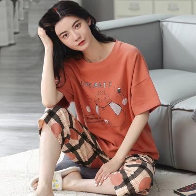 China QUICK DRY Women's Sleepwear Summer Korean Style Milk Cotton Pajamas Short Sleeve Calf Length Pants Set O Neck Soft Cartoons Home Wear for sale