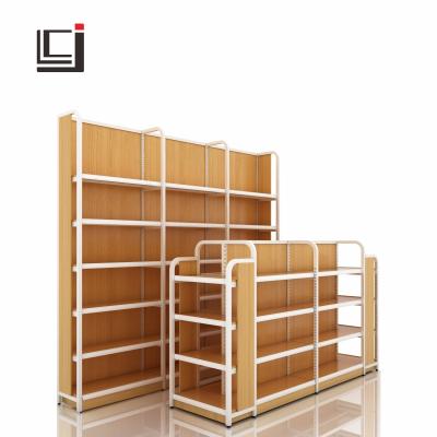 China Single Sided Wooden Shelving Shelf Metal Steel Wood Shelf For Store And Supermarket Display for sale