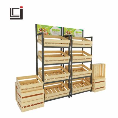 China Double-sided supermarket fruit and vegetable display stand rack and combined wooden and metal shelf for store displays for sale