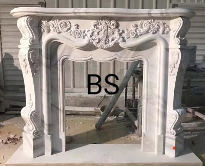 China French Style White Natural Marble Fireplace Mantel With Carved Flower for sale