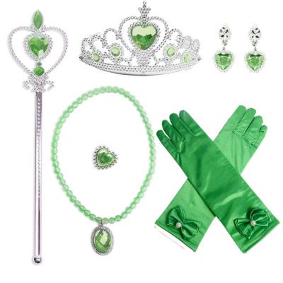 China Childrens Toys Wholesale Girls Party Decoration Elsa Princess Dress up 6pcs Green set Princess Crown wand earrings necklace ring for sale