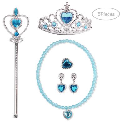 China Frozen Snow Elsa Kids Dress up Frozen Princess Dress Up Costume Accessories Elsa Crown Magic Wand Necklace Ring Earring 5pcs Set For Party Cosplay for sale