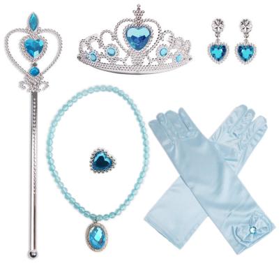 China Frozen Snow Elsa Kids Dress up Princess Clothing Accessories Cosplay Magic Wand Crown Necklace Ring Earrings 6 Pcs For Birthday Decorations Kids Gift for sale